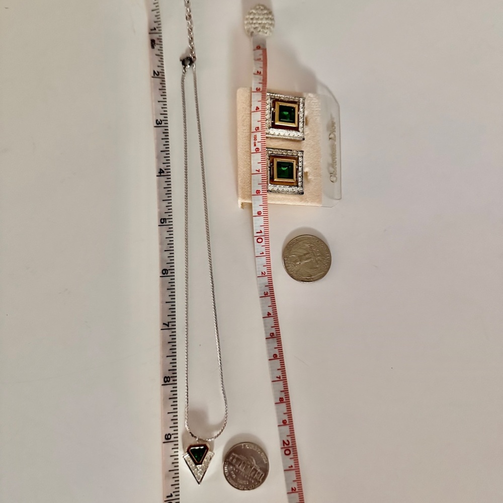 Christian Dior Emerald Green & Ice Clear Chrystal V-Necklace & Earring Set Vtg. - Picture 10 of 14